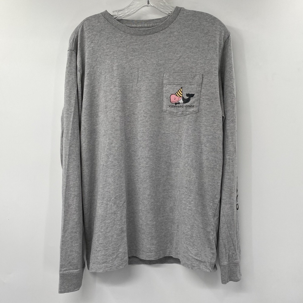 Vineyard Vines T-Shirt Men Small Gray Party Whale Pocket Long Sleeve Graphic Tee - Picture 2 of 5